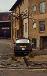 A Taxi and a tree growing out of it.