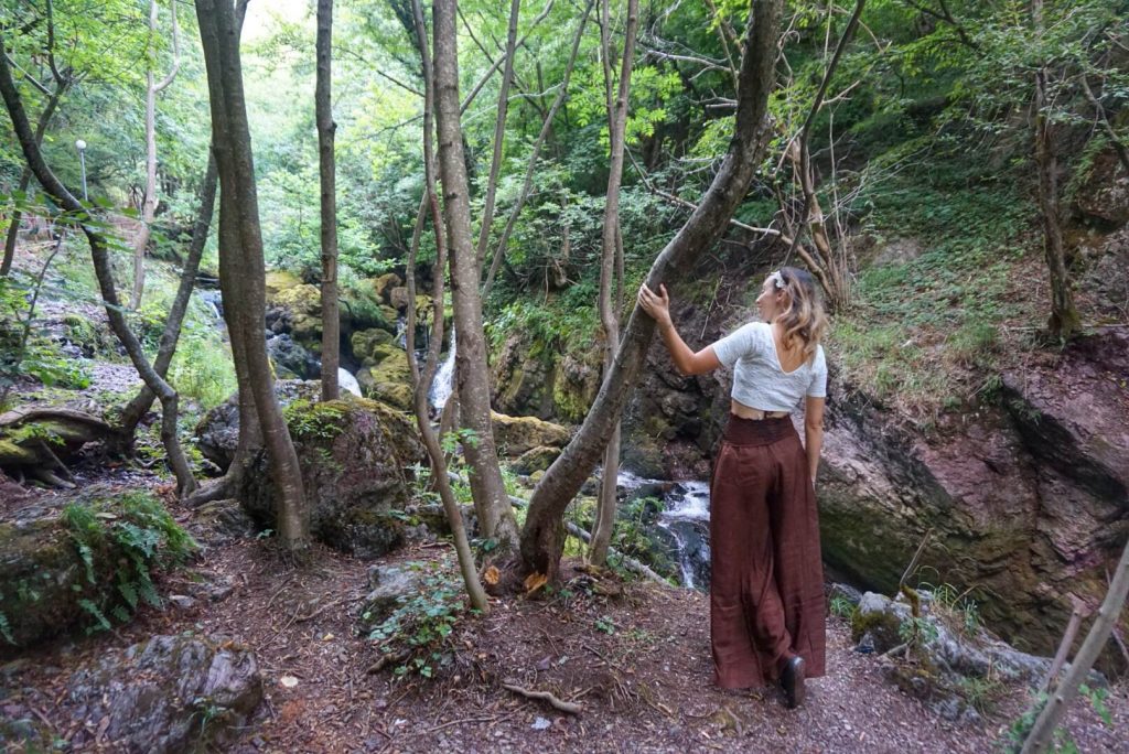 A woman standing next to a waterfall in the forest