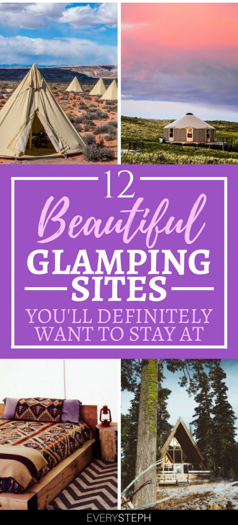 A poster with tipis and glamping tent images and the text ''beautiful glamping sites you'll definitely want to stay at''