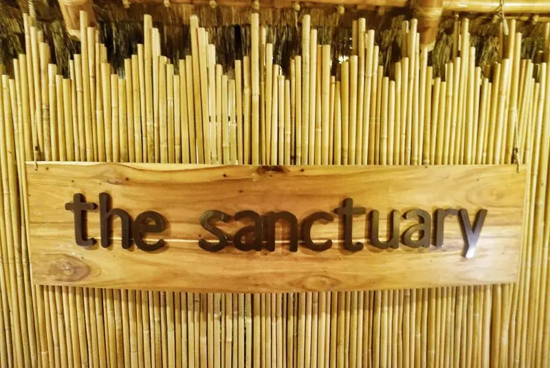 A wooden sign set on bamboo sticks 