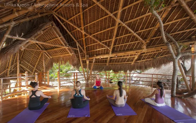 Four women sitting in a meditation pose in purple mats in front of a yoga teacher