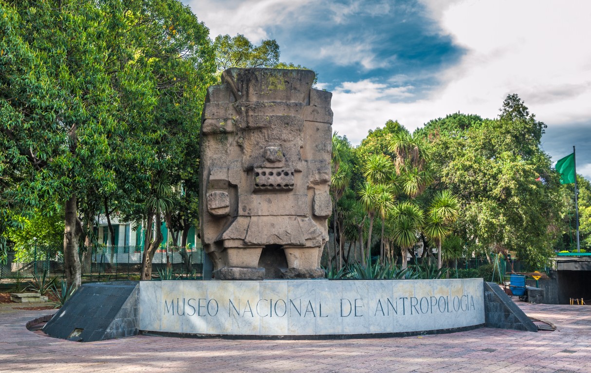 A sculpture at the entrance of the National Museum of Anthropolgy in Mexico City