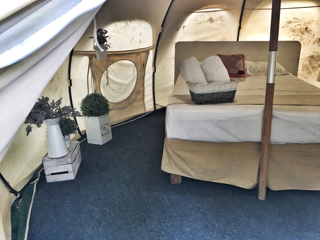 The interior of a glamping tent