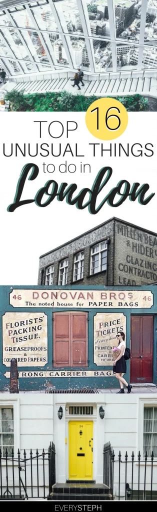 A poster that reads Unusual Things to do in London, with images of London in the background