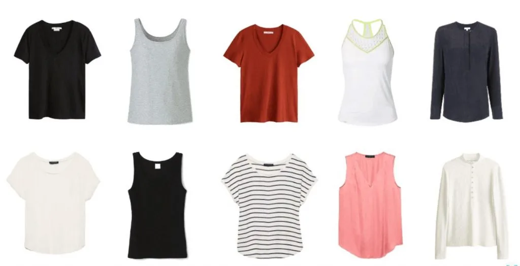 A selection of t-shirts and blouses on a white background