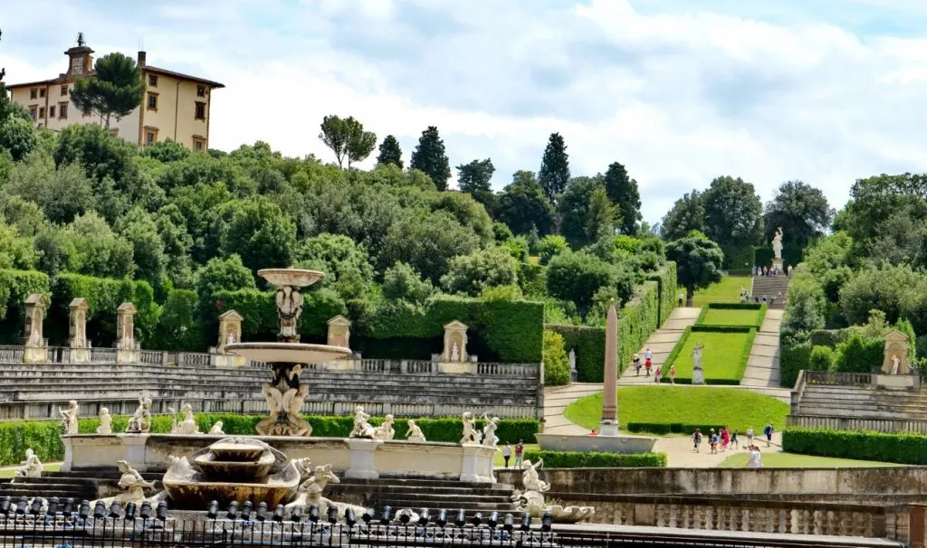 The Boboli Gardens, featuring fountains, lush greenery, and statues