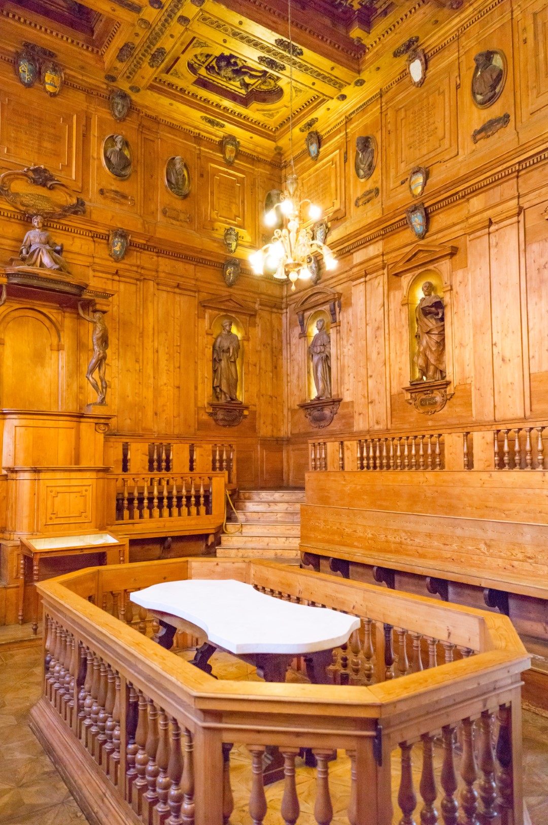 The beautiful interior of the Archiginnasio, one of the buildings of the University of Bologna