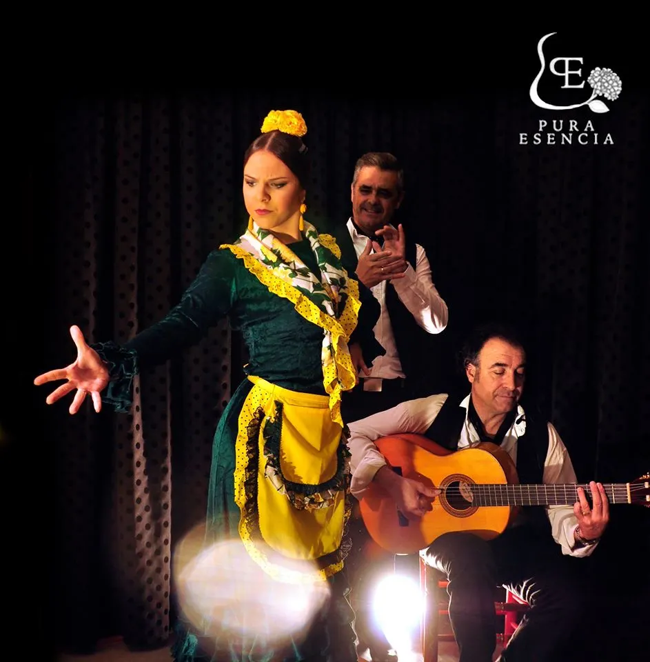 A flamenco performer in a green and yellow dress, performing on stage with a guitar player sitting next to her, and a male dancer behind