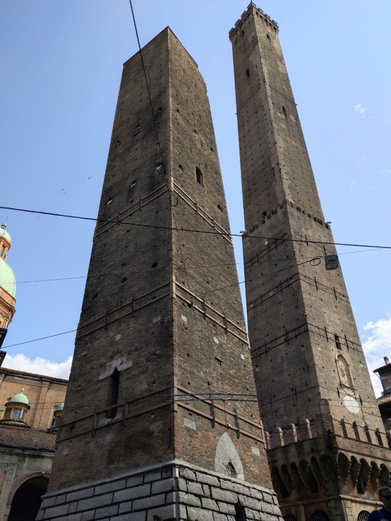 A low angle image of Torre degli Asinelli and Torre Garisenda in Bologna 