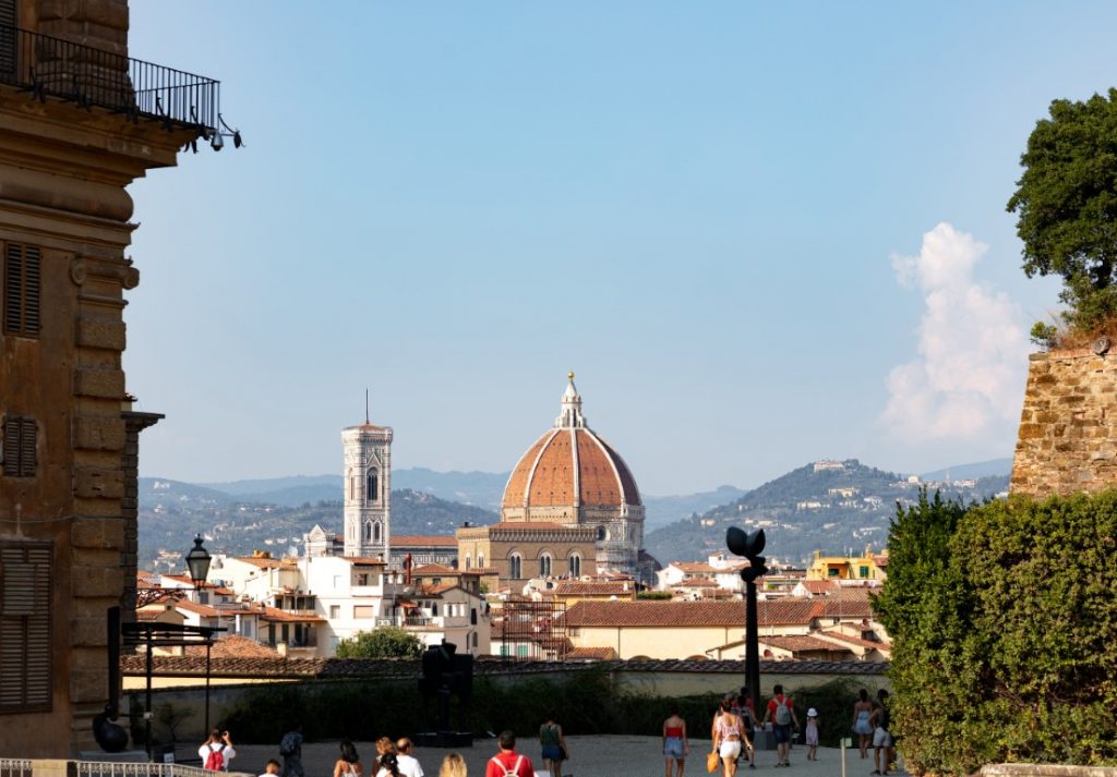 An image of Brunelleschi Dome and Giotto Bell Tower in the distance, taken from Boboli Gardens