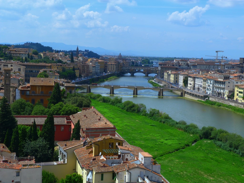 Image of the Arno River, with buildings on both sides of it and a green patch of land