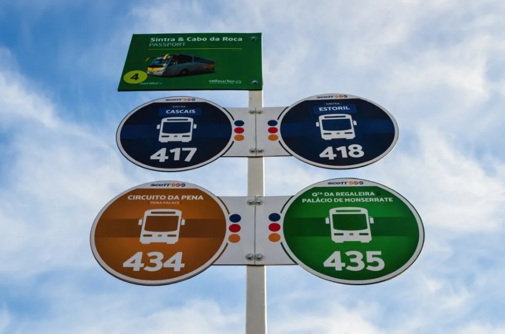 Signs at a bus stop showing the different bus lines that stop there