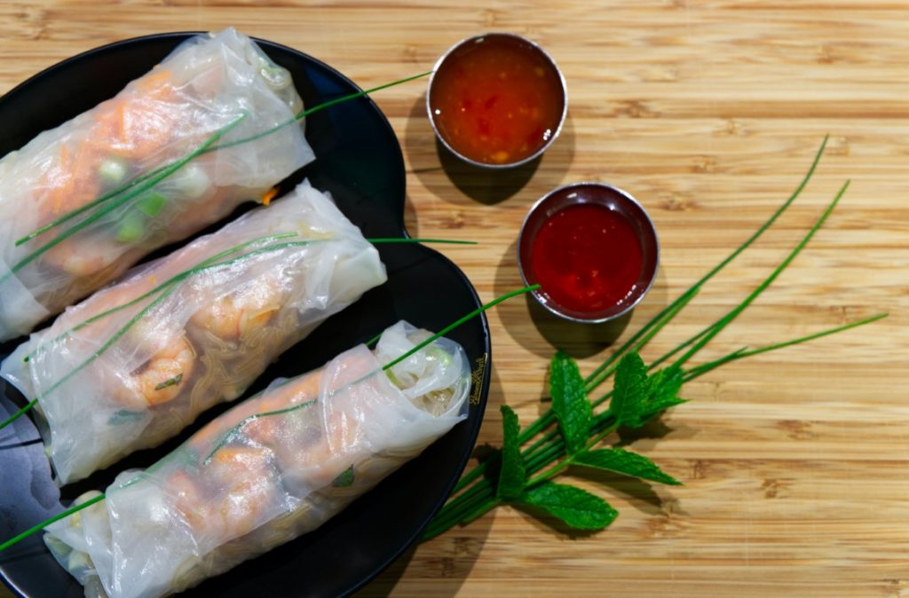 three fresh spring rolls  with two dips