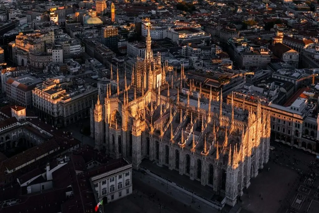 The Milan Duomo and surrounding buildings seen from above