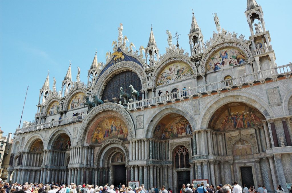 An image of the detailed facade of St Mark's Basilica