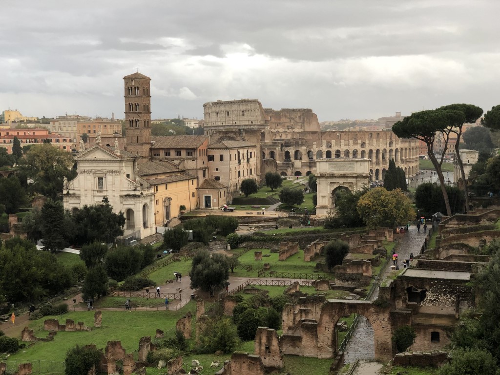 Views of Palatine Hill, with the Colosseum in the background, one of the most spectacular views in Rome