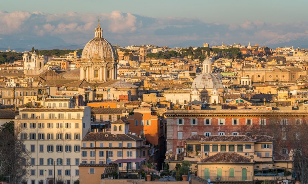 Views of Rome, bathed in a golden light, from Janiculum Terrace