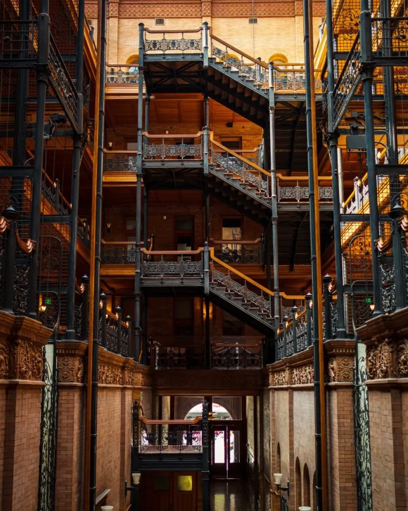 the interior of Bradbury building with plenty of stairs 