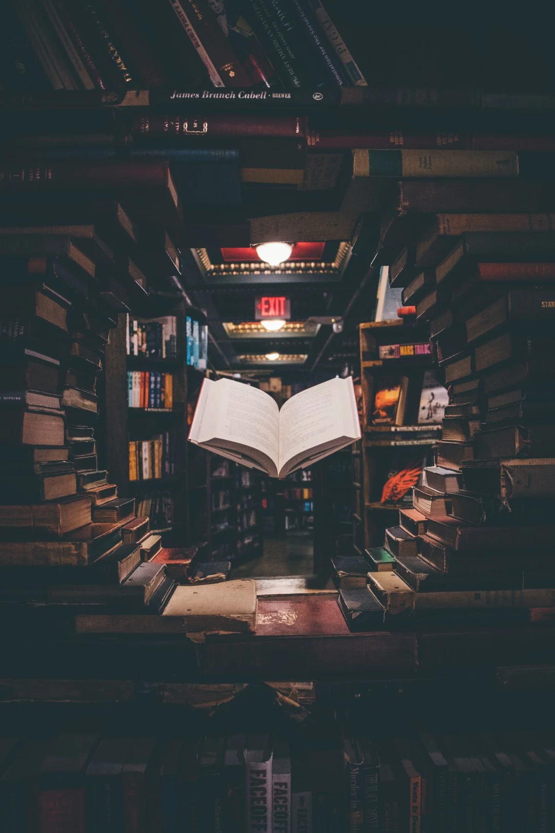 A display with a floating book inside a bookstore