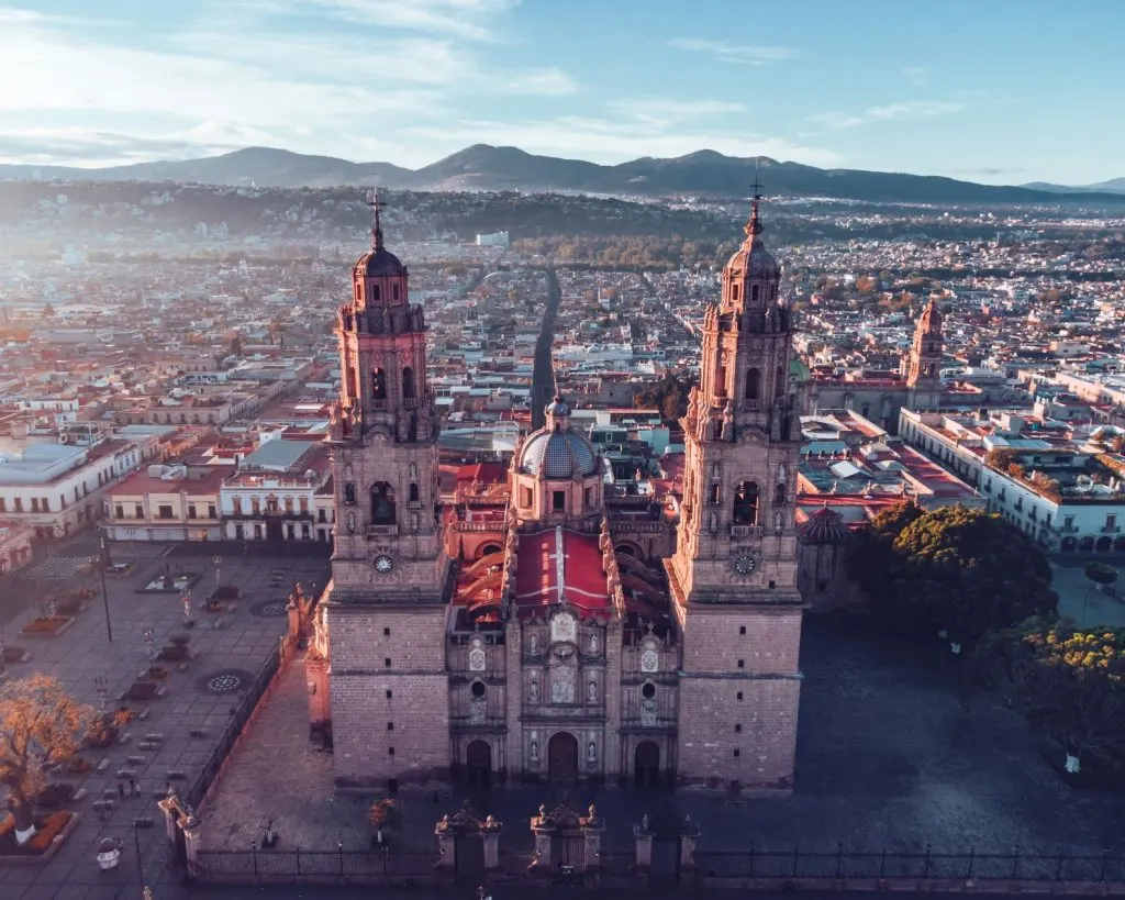 An image of Morelia's church, and the historic center in the background