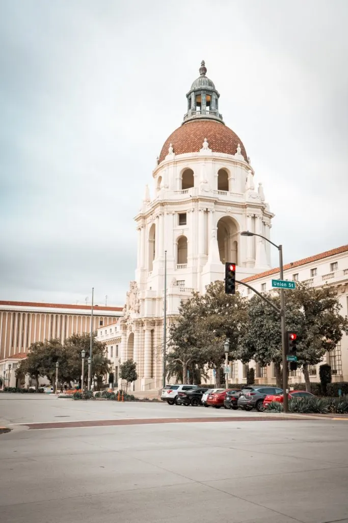 Image of a white building with a terracotta dome roof, taken in Pasadena