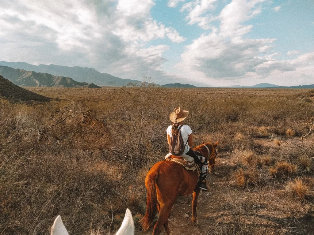 A woman riding a horse in the Andes