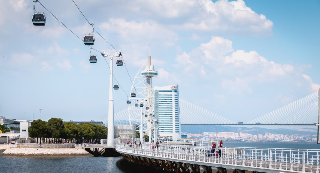 The river in Lisbon, with cable cars crossing it, a white bridge, and in the background, a tall white building