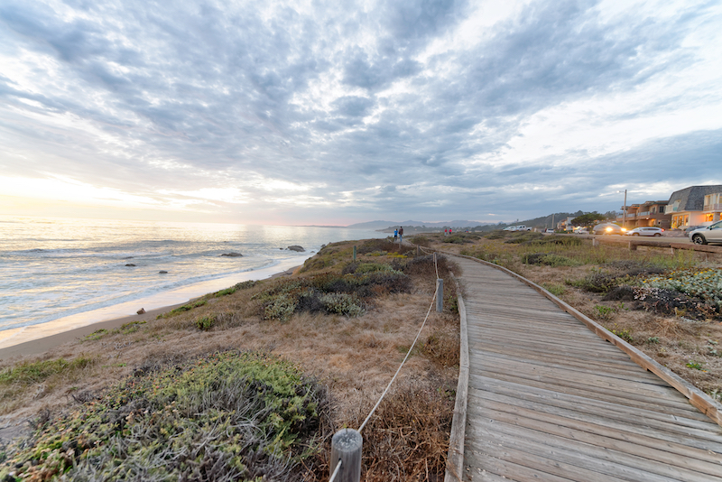 Image of a wooden boardwalk flanked by small bushes and with a beach below it for strolling, one of the best things to do in Cambria CA