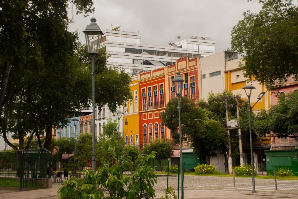 Colorful buildings seen from a local square in Manaus, Brazil