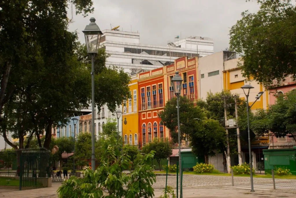 Colorful buildings seen from a local square in Manaus, Brazil