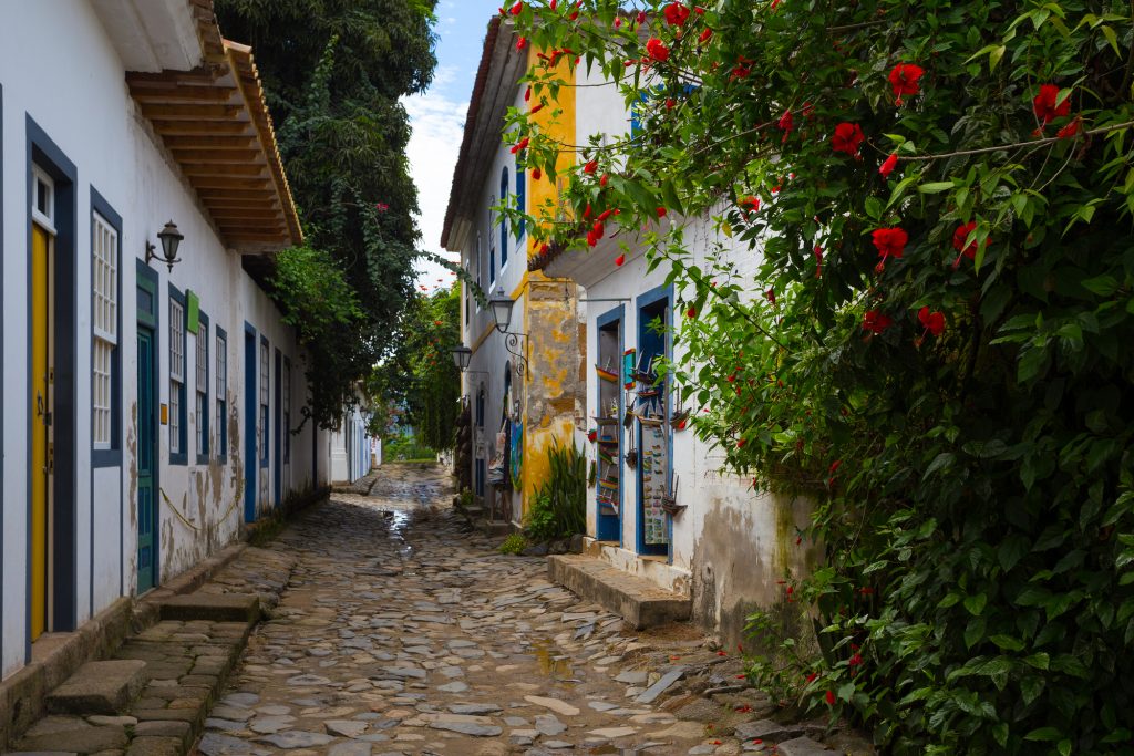 A narrow, irregular cobblestone street lined by white houses with blue details, and vegetation