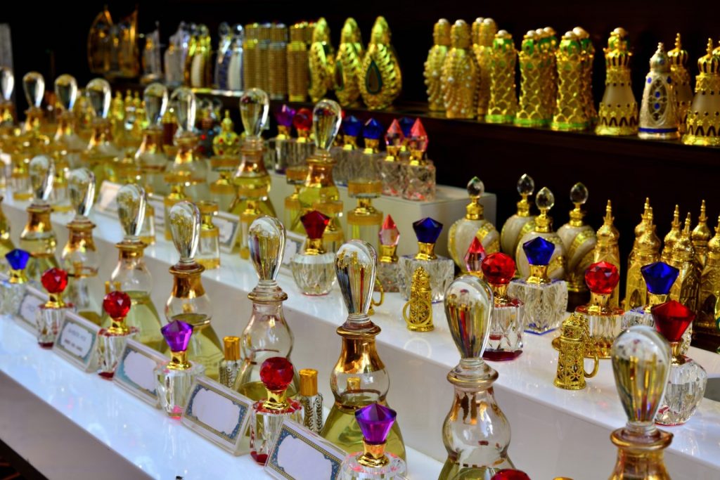 Ornate perfume bottles at a perfume bazaar