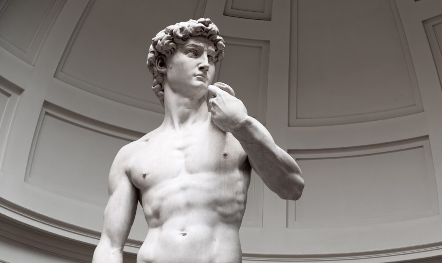 A close up image of the statue of David in Florence