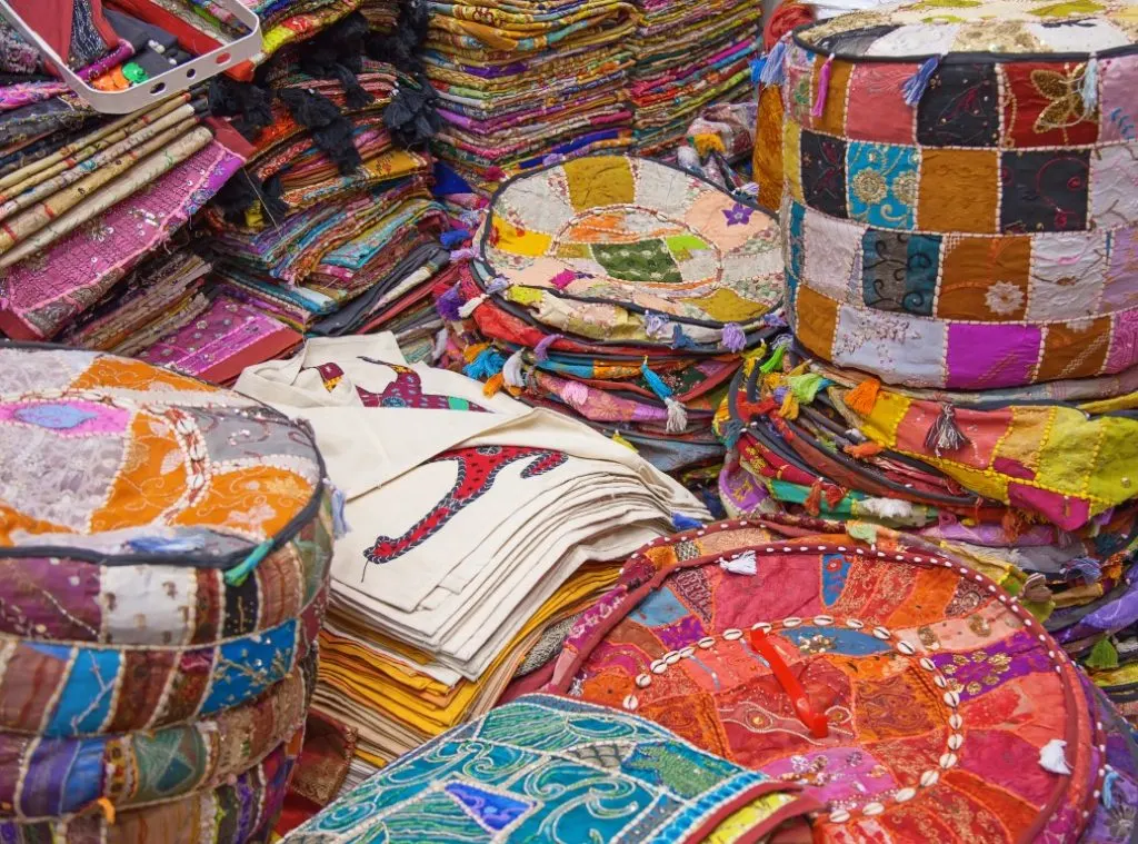 Colorful fabrics and textiles in a traditional bazaar