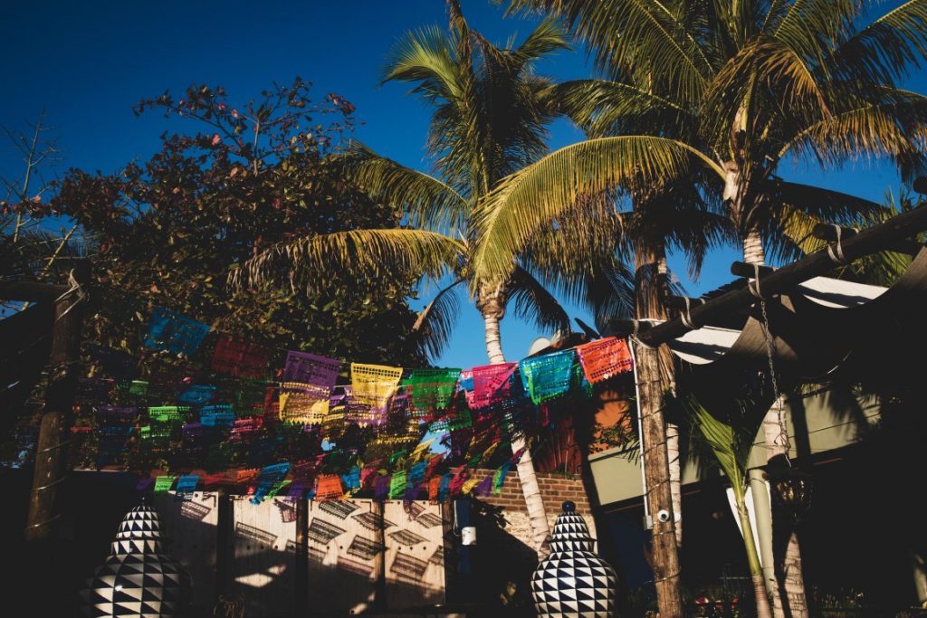 An image of palm trees and colorful flags in Todos Los Santos