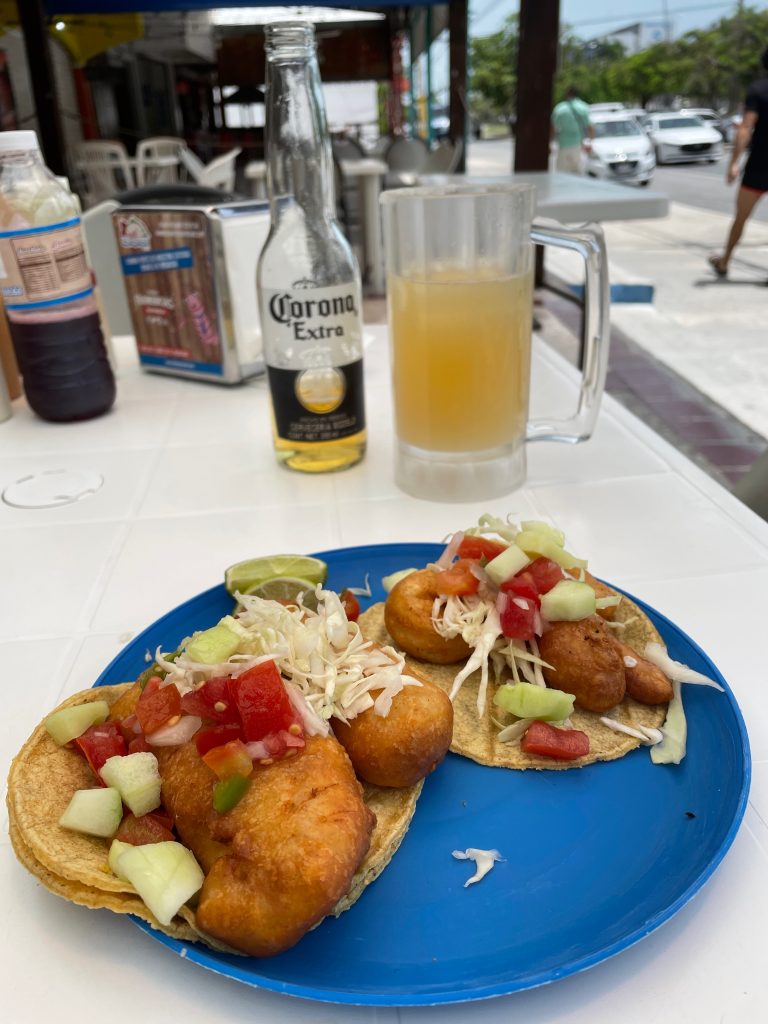 A blue plastic plate with two fish tacos, and a glass of beer in the background 