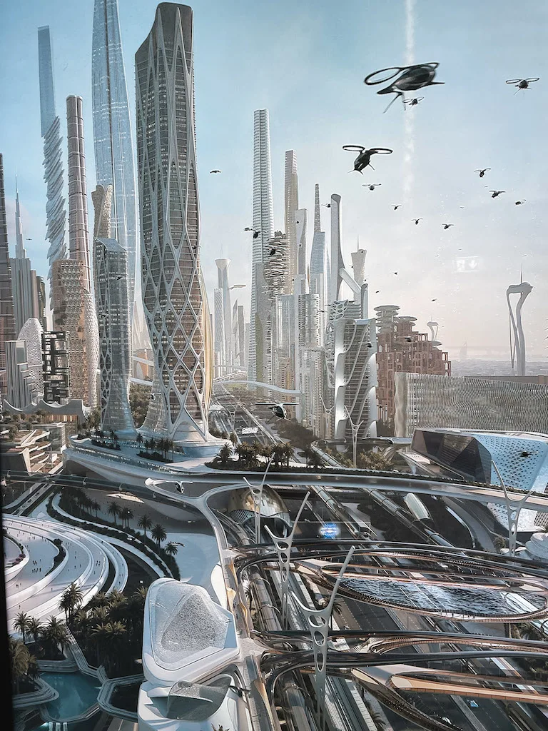 A futuristic city in an exhibit at Museum of the Future