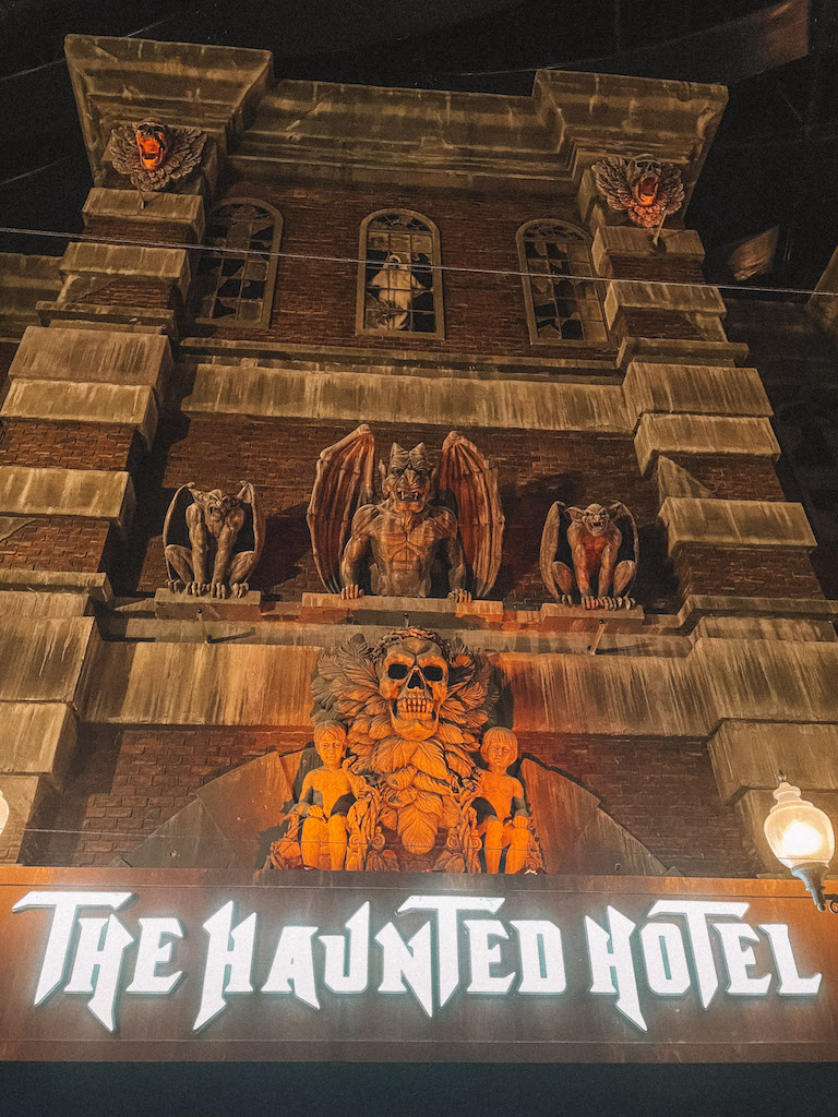 Entrance to the Haunted Hotel section at a theme park