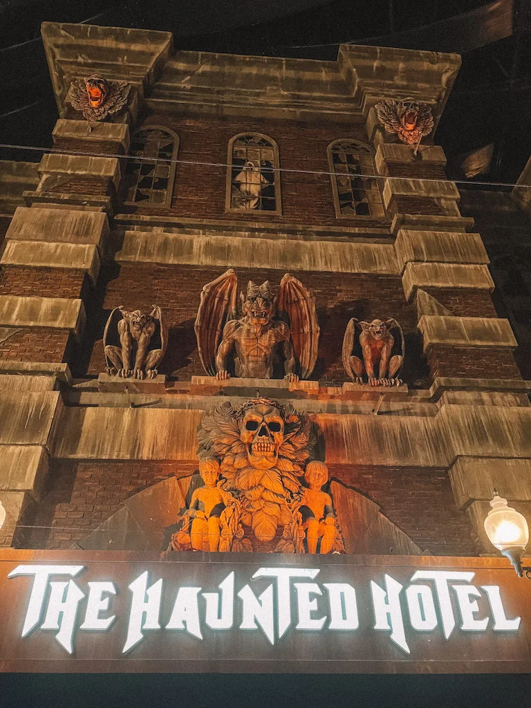 Entrance to the Haunted Hotel section at a theme park