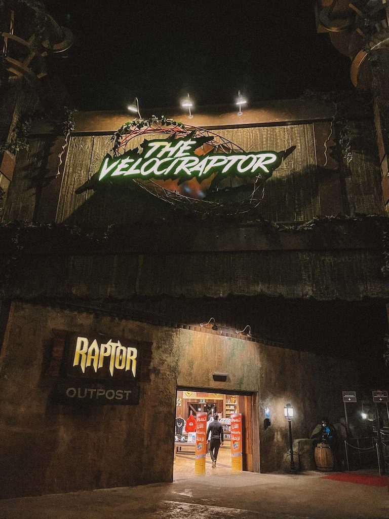 Entrance to The Velociraptor attraction at a theme park