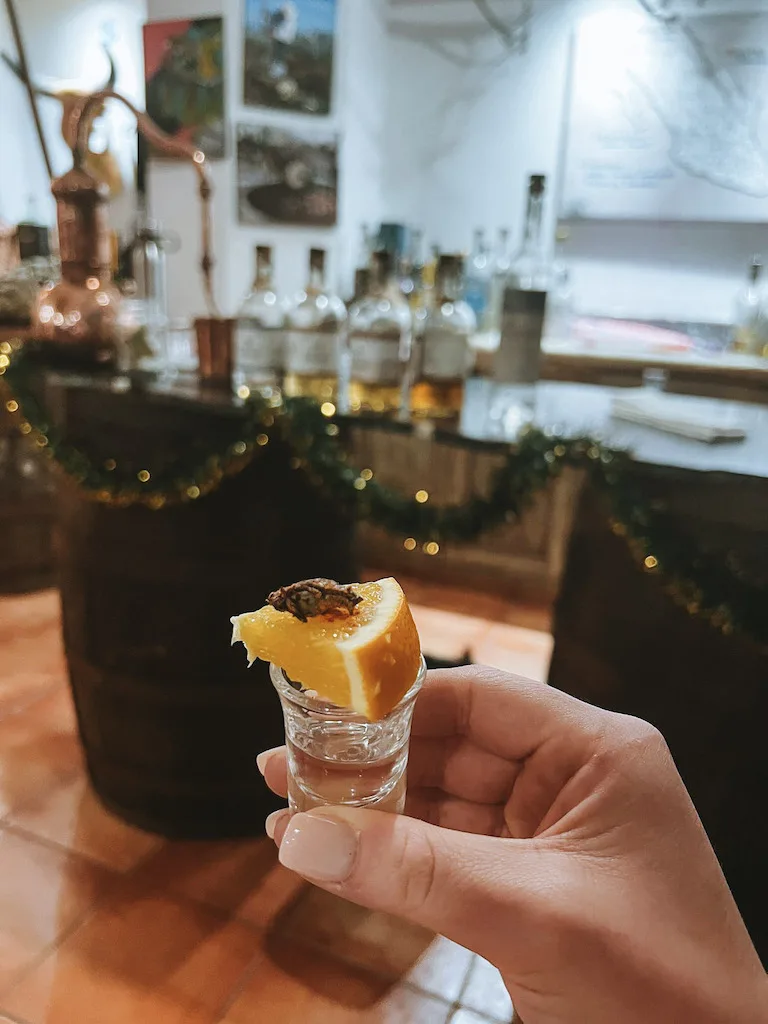 A hand holding a shot glass with a white liquid and a slice of orange on top of the glass.