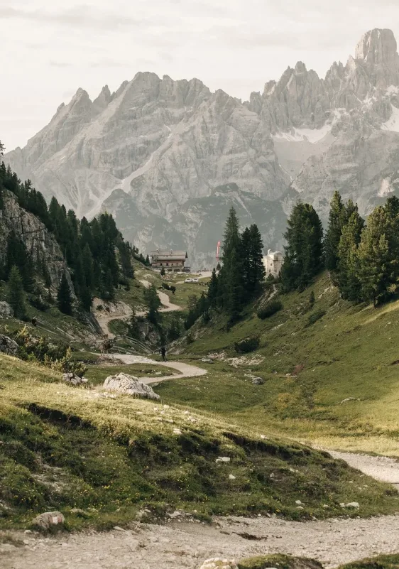 Image of a resort nestled among the trees, with the imposing Dolomites mountains in the background