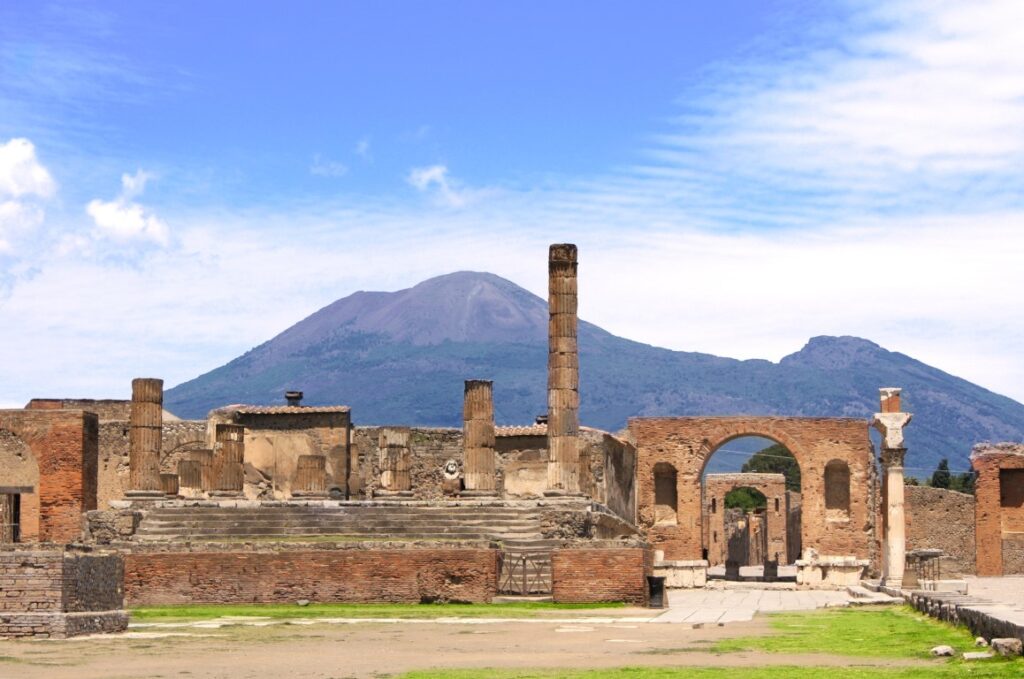 The ruins of Pompeii, with the Vesuvius Volcano seen in the background