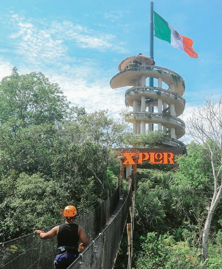 A hanging bridge surrounded by lush greenery in Xplor Park, Mexico 