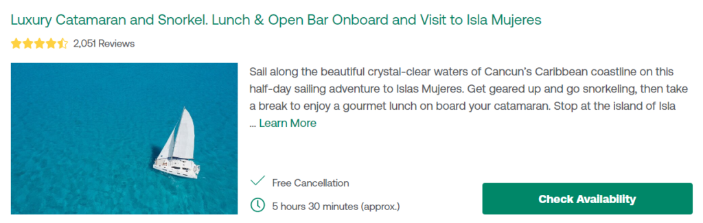 Luxury Catamaran and Snorkel. Lunch & Open Bar Onboard and Visit to Isla Mujeres