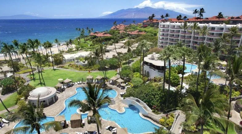 Image of a resort's facilities, featuring a blue swimming pool, lots of palm trees, green areas, and the ocean in the background