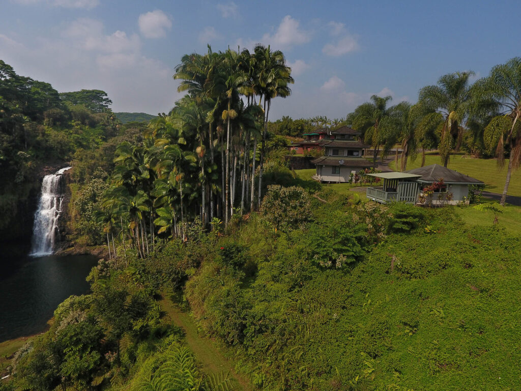 Image of an eco resort in the jungle, featuring a waterfall on the left, palm trees in the middle and cabins on the right. 