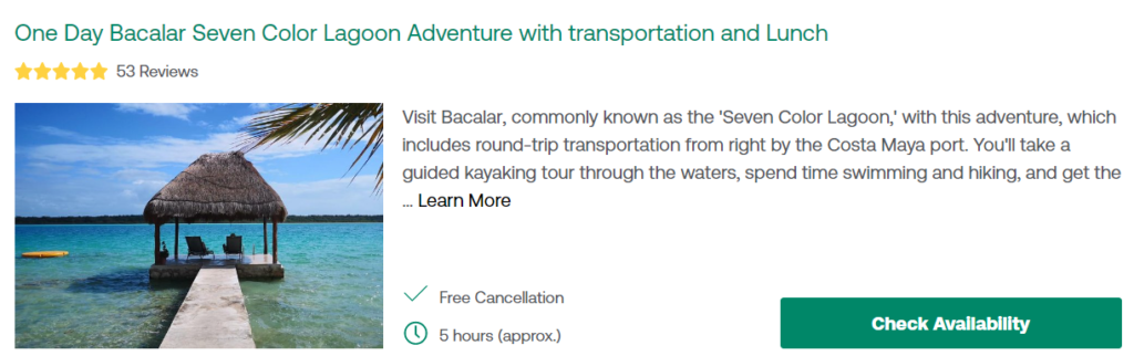 One Day Bacalar Seven Color Lagoon Adventure with transportation and Lunch