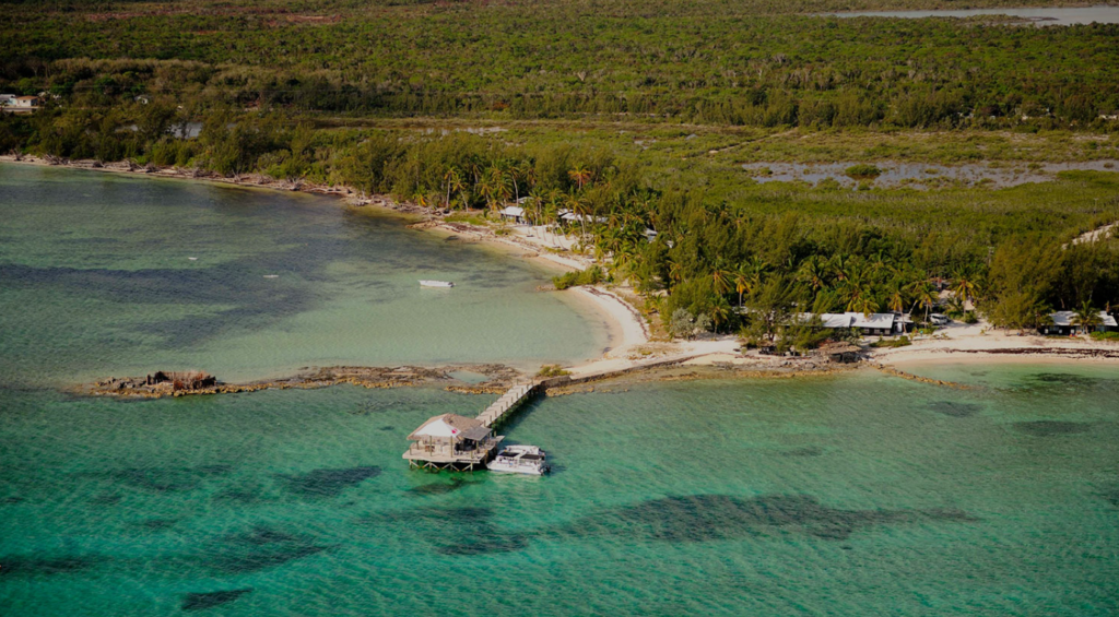 In the image there's lush vegetation in the background, and the green Caribbean Sea in the foreground, separated by the whie sand of the beach. 