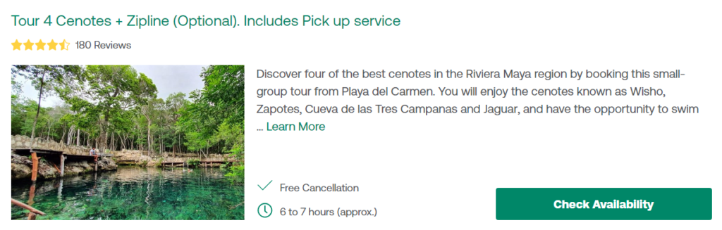 Tour 4 Cenotes + Zipline (Optional). Includes Pick up service